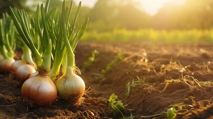 Onions grow in the field. Bulbs are visible from the ground - obrazy, fototapety, plakaty