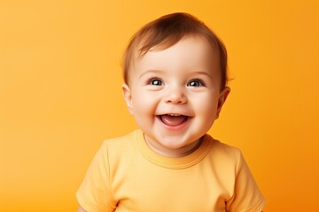 baby smiling and looking up to camera on a yellow background - obrazy, fototapety, plakaty