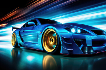 Obraz premium Blue futuristic racing sports car in motion