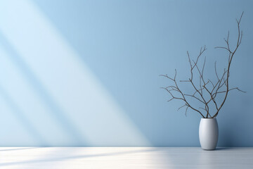 white porcelain vase with tree branches over table. Interior decoration on blue wall