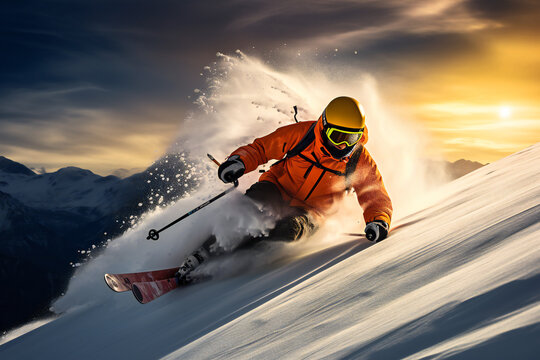 A man snow skiing in a winter snowy landscape