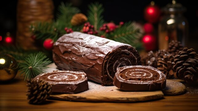 Chocolate yule log christmas cake on wooden background.