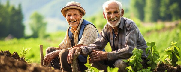 Smiling old peasants working in the field