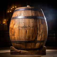 Old oak whiskey barrel. It's in a dark basement. Beautiful background.