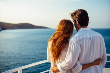 Fototapeta premium A young couple watching the sunset on the sea from a cruise ship deck