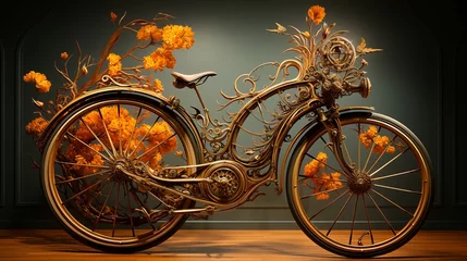 Kissenbezug A vibrant bicycle adorned with delicate flowers stands out amongst the sleek vehicles at the museum, its wheel spinning with a whimsical energy © Envision