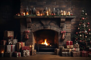 Fireplace Adorned with Christmas Decorations, Creating a Cozy and Festive Atmosphere