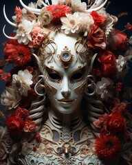 A masked beauty, draped in vibrant clothing and adorned with a blooming masque, stands tall as a symbol of nature's artistry and feminine strength