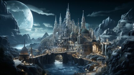 The pale moon casts its enchanting light upon a grand castle, its bridge beckoning us to cross into a mystical world of nature and wonder - obrazy, fototapety, plakaty