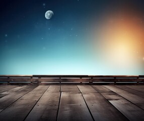 Serene Moonlit Deck: A peaceful wooden deck under a full moon with a distant view, Tranquil background