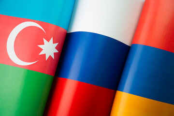 Background of the flags of the azerbaijan, russia, armenia. concept of interaction or counteraction between the countries. International relations. Collective Security Treaty Organization - obrazy, fototapety, plakaty