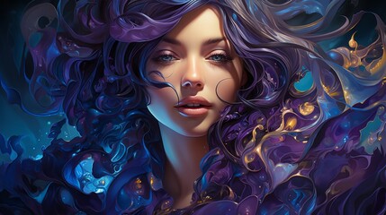 A vibrant painting of a cartoon woman with long purple hair, her anime-inspired portrait capturing...