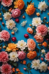 Closeup top view of multicolored orange, pink flowers and buds on a light blue background. Floristry, beauty concepts