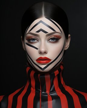 A fierce fashionista flaunts her bold and rebellious spirit with black and red stripes painted across her face, accentuating her striking lips coated in daring lipstick