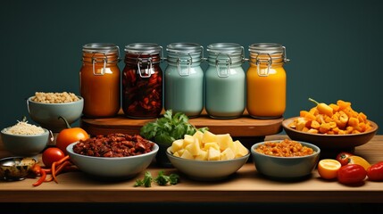 A vibrant assortment of superfood jars filled with a variety of juicy fruits and vegetables, neatly displayed on a table against a wall, ready to be incorporated into a nourishing indoor meal