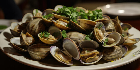Fototapeta premium Closeup of a plate of steamed clams. Generative AI.
