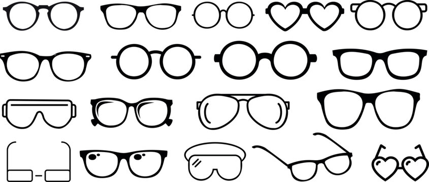 Eyeglasses vector illustration showcasing diverse style. Perfect for optometry, eyewear designs. Features round, square, cat eye, aviator, heart, rectangular, oval, rimless, half rim, full rim glasses