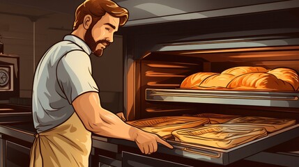 Professional baker making bread in oven - obrazy, fototapety, plakaty