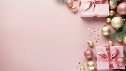 Pastel Pink and Green Christmas: Festive Gift Boxes and Ornate Decorations on a Desk - Top View