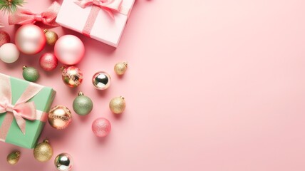 Pastel Present Paradise: Top-View Pink and Green Christmas Gift Showcase with Golden Ornaments and Copy Space