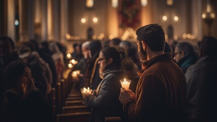 Peaceful Candlelit Christmas Eve Church Service - obrazy, fototapety, plakaty