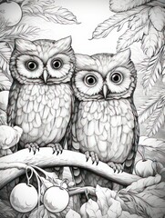 Owls Decorating Christmas Tree - 10 Differences Game and Coloring Page