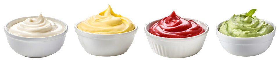 Mayonnaise Mustard Ketchup and Guacamole sauce set isolated on transparent background.