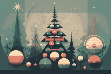 Abstract Christmas illustration with Christmas tree with balls. Teal and orange colors, flat retro style