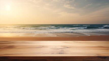 Obraz premium Wooden tabletop for product display at sea beach background. Copy space