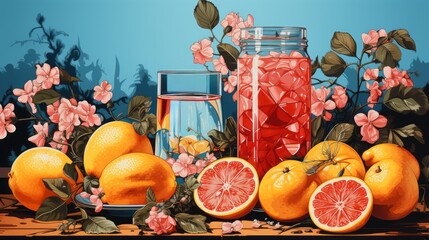 Vibrant hues of citrus dance among delicate petals, as a liquid oasis awaits to quench the thirst of a fruitful masterpiece - obrazy, fototapety, plakaty