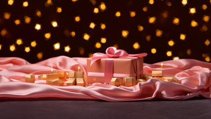 Wunderschöne pink Geschenke Box mit Lichter Bokeh im brillianten Glanzeffekt Querformat für Banner, ai generativ
