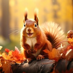 Obraz premium Cute squirrel in autumn foliage