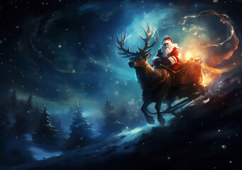 トナカイに乗ってクリスマスプレゼントを運ぶサンタクロース