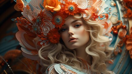 A free-spirited woman adorned in a vibrant floral headpiece, exuding elegance and grace with her flowing blonde locks and stylish attire