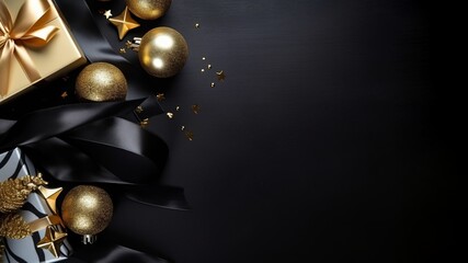 Fototapeta na wymiar Christmas background with a gift boxes. Luxury festive black and golden flat lay with a copy space. AI generative