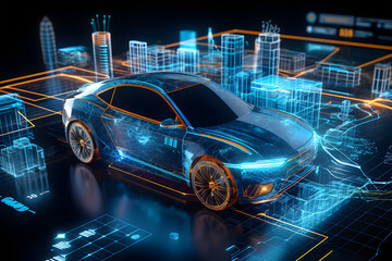 Futuristic car adorned with striking blue lines. symbolizing the integration of Smart Sensors, which collect real-time data on temperature, pressure, and other vital variables