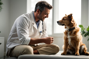 veterinarian with dog - obrazy, fototapety, plakaty