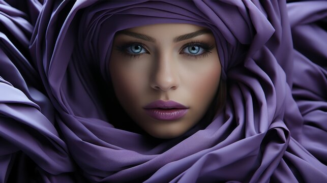 Wrapped in a regal purple scarf, the girl's piercing eyes exude confidence and fashion-forward flair, as she dons the shawl like a crown upon her head