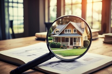 Checking and searching home with magnifying glass. Choice of house to buy and invest in. Concept of real estate inspection, appraisal, property, land valuation, house search. - obrazy, fototapety, plakaty