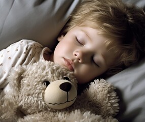 Cozy Sweet Dreams: Young Child Sleeping with Teddy Bear and Pillows on Bed, Sleep Concept Photo
