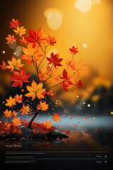 Web banner design for autumn season and end year activity with red and yellow maple leaves with soft focus light and bokeh background. AI generative