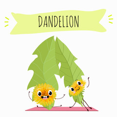 Vector cartoon character dandelion, funny character, medicinal plant, cooking.