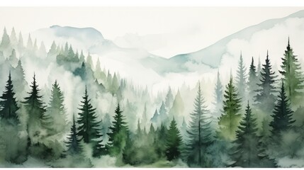Watercolor foggy coniferous forest