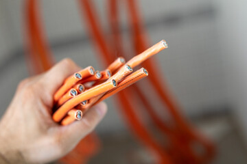 Fiber optic cable prepared for connection.
