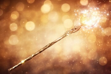 Sparkling magic wizard wand on golden background