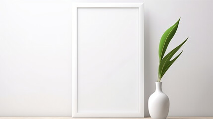 Fresh Minimalism: White Background with Green Plants and Blank Picture Frame Design Template