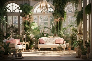 Botanic oasis inspired by Victorian era with sunlit ambiance. Generative AI