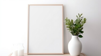 Fototapeta na wymiar Fresh Minimalism: White Background with Green Plants and Blank Picture Frame Design Template