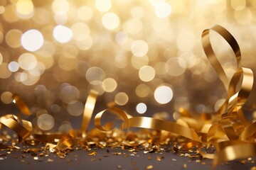 Festive gold confetti and ribbons falling down in a bright and luxurious tinsel background. Generative AI