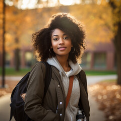 Black college girl on university campus. - obrazy, fototapety, plakaty